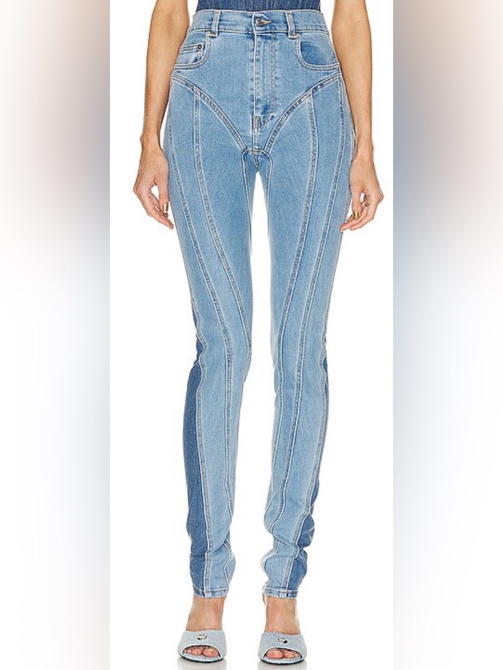 Mugler Light Blue Two-Tone Spiral Seam-Panel Women’s Jeans
